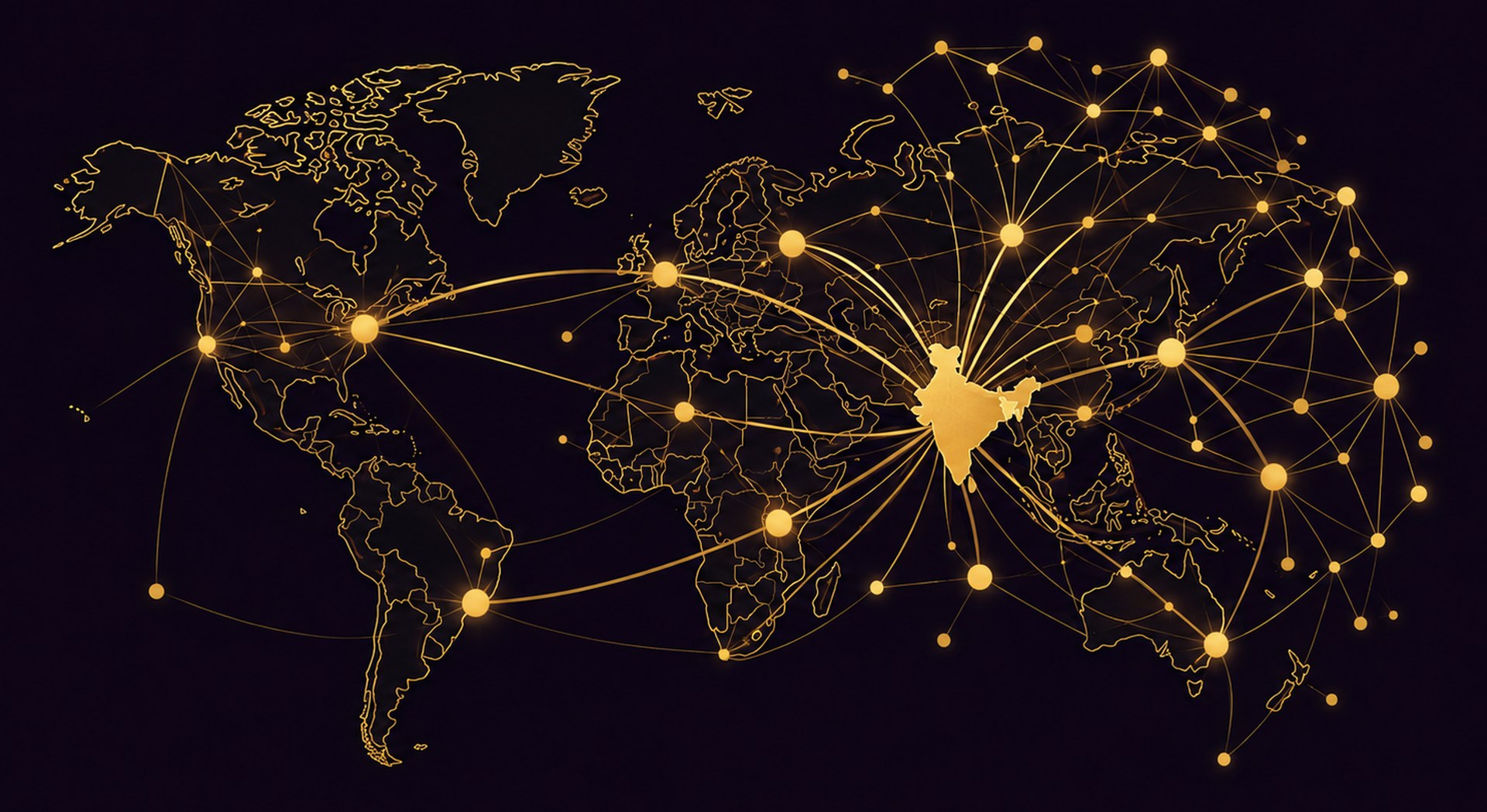 Global trade network map showing India-centered routes connecting to markets across the Americas, Europe, and Asia-Pacific